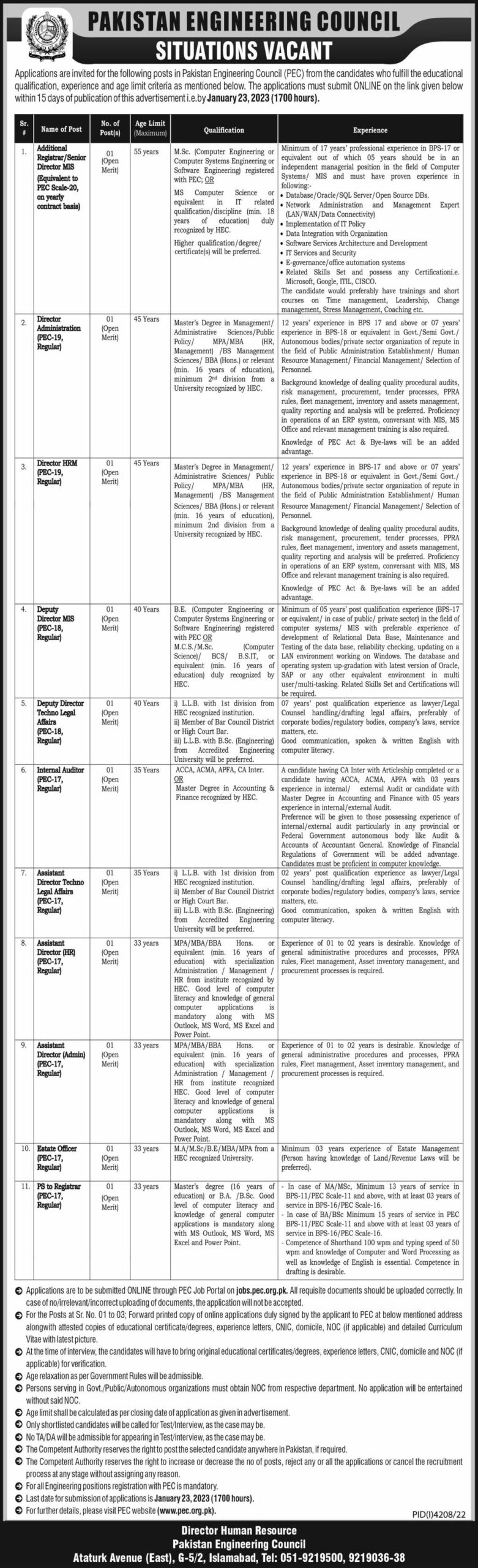 Pakistan Engineering Council PEC Jobs 2023