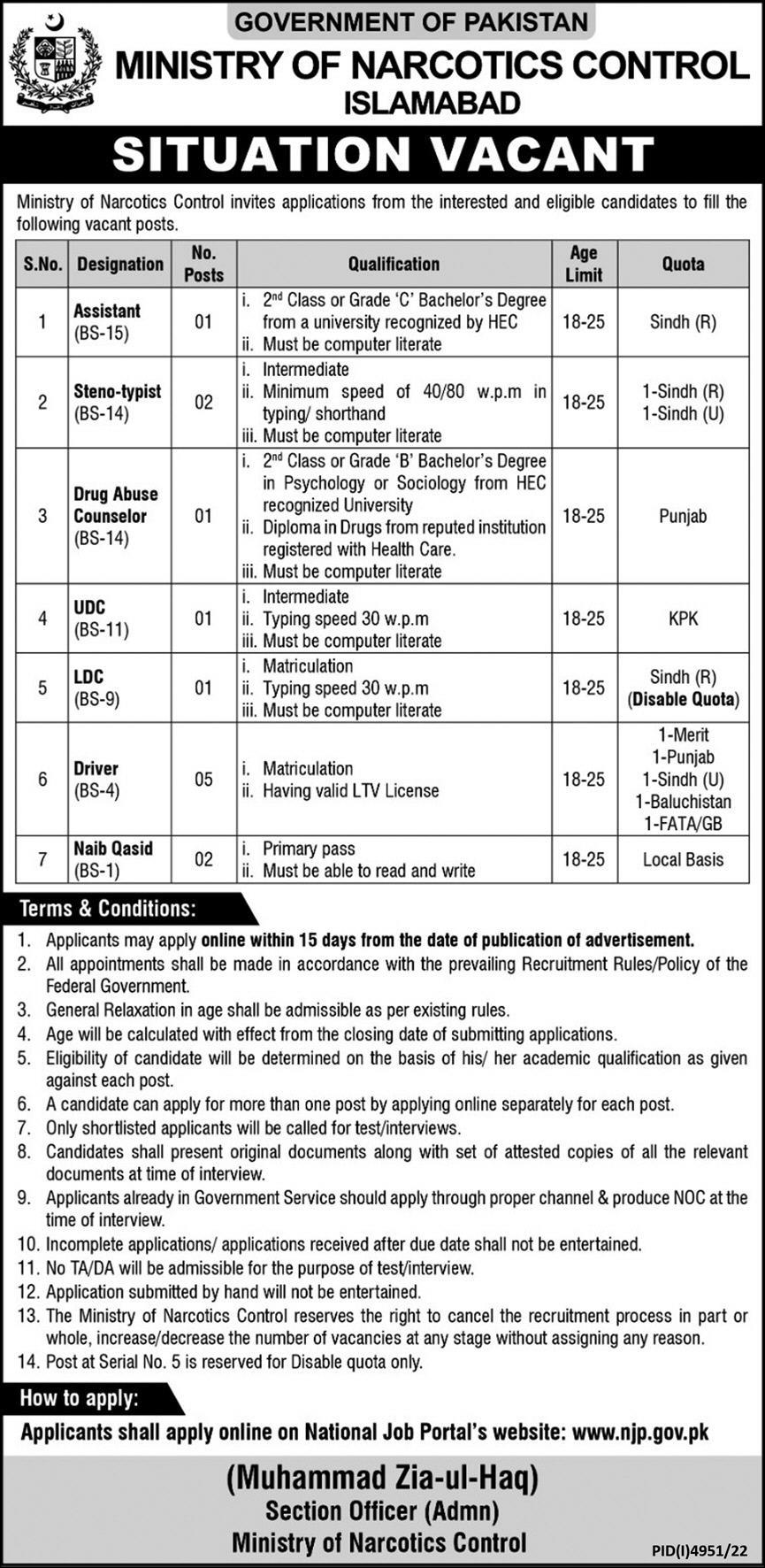 Ministry of Narcotics Control Jobs 2023 Online Apply